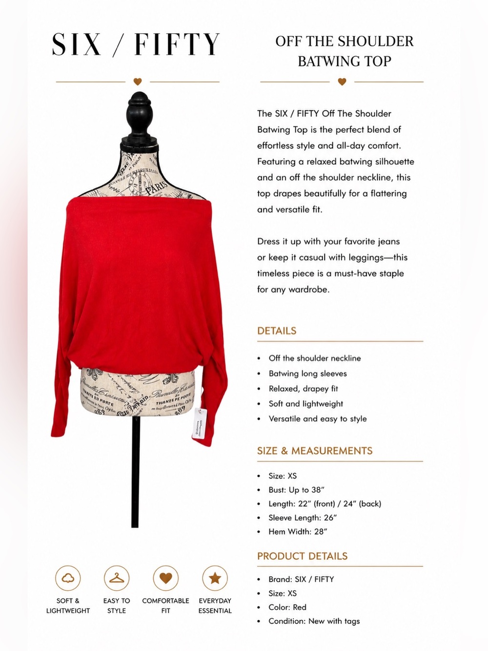 Red Off-the-Shoulder Batwing Sweater